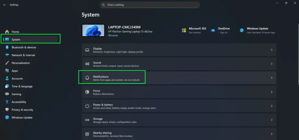 click on System in the left sidebar then select Notifications