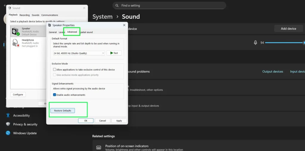 click on the Advanced tab and click the Restore Defaults button