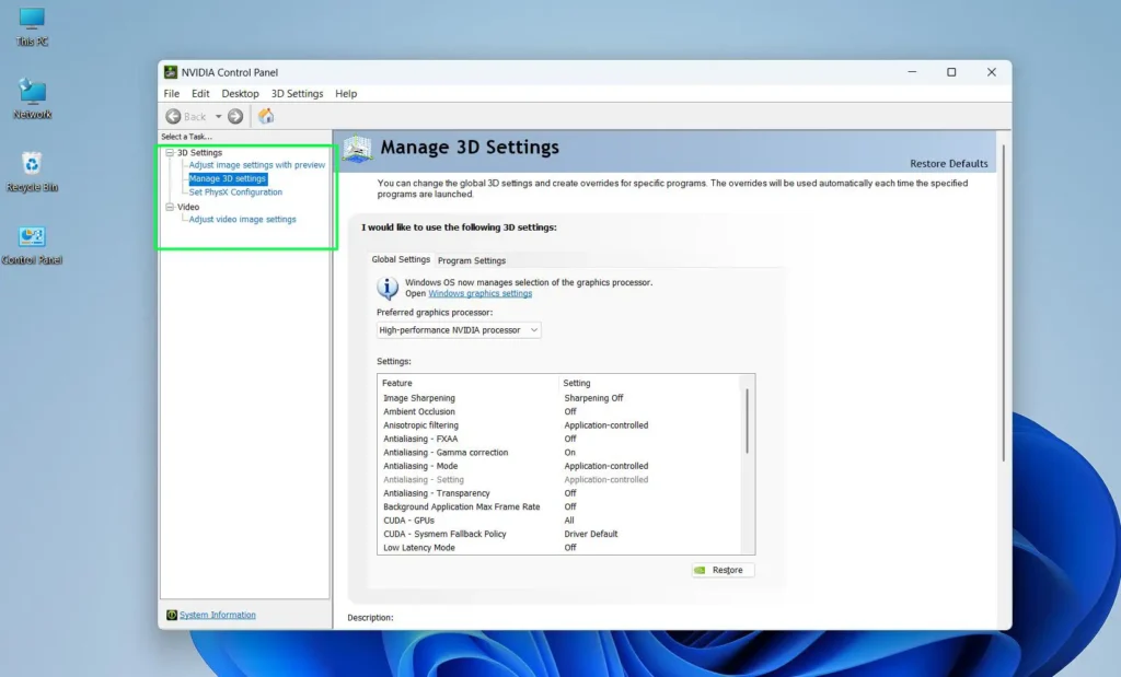 expand '3D Settings' and click 'Manage 3D Settings' as shown in the panel