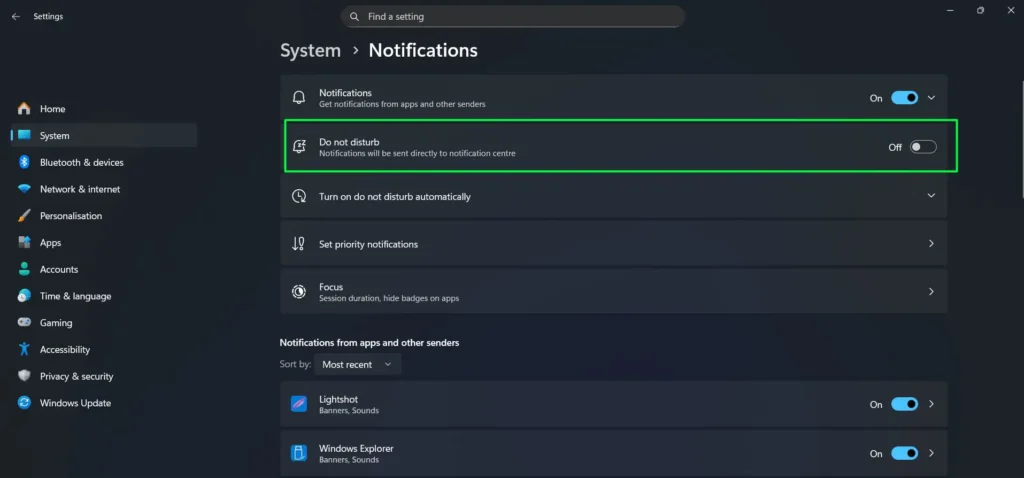 go to Settings- System – Notifications and scroll down to the Do not disturb section