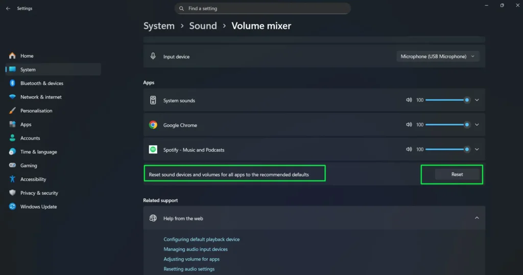 locate the option that reads 'Reset Sound Devices and Volumes for All Apps to the Recommended Defaults' and click Reset