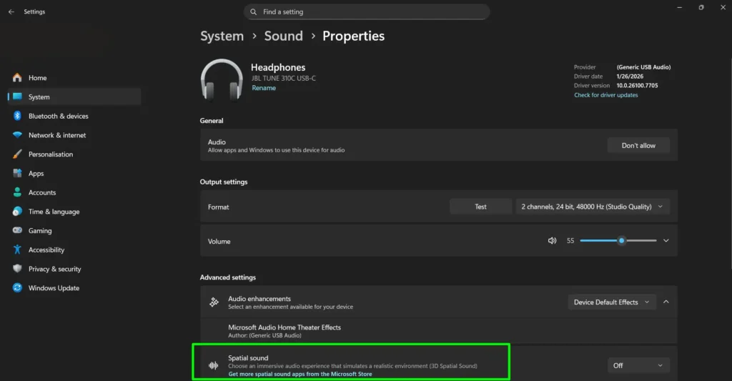 return to Sound settings or the Sound Control Panel and Under the ‘Spatial sound’ dropdown select ‘Dolby Atmos for Headphones’