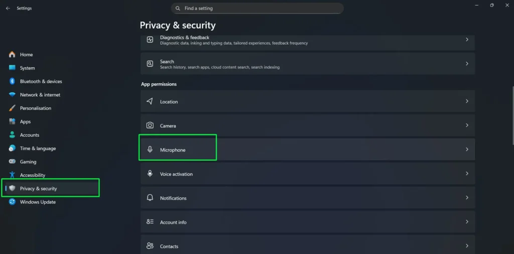 select Privacy & security then Scroll down and click Microphone