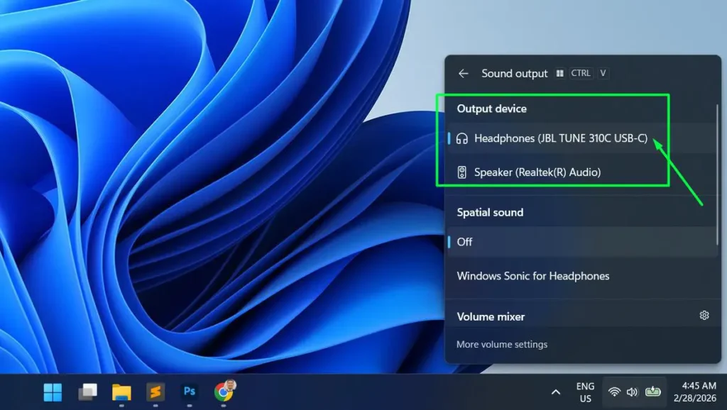 select your preferred output device from the list of available audio devices