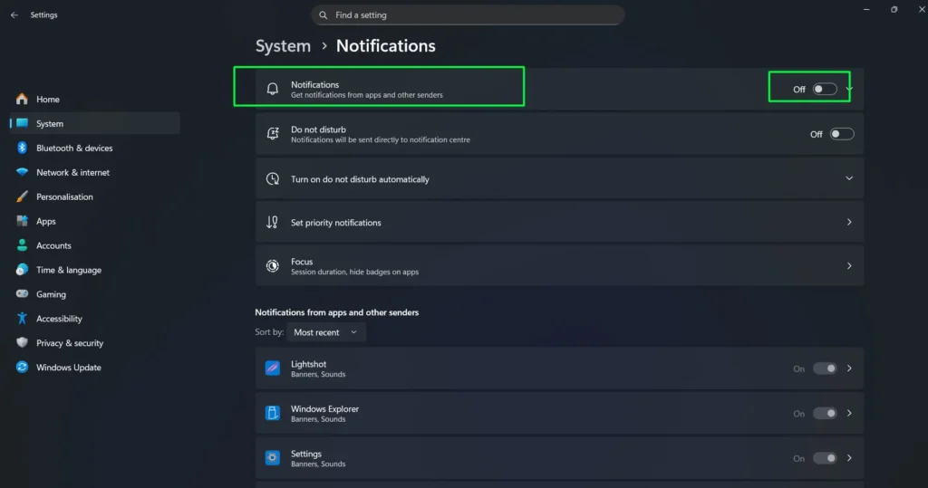 toggle labeled Notifications controls all alerts system-wide, Turn it off to silence everything, or keep it on to manage apps individually