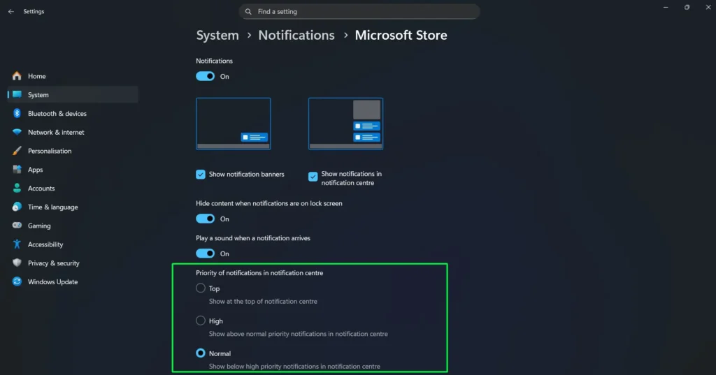 use the Priority dropdown (where available) to control whether certain app notifications rise to the top of the notification panel