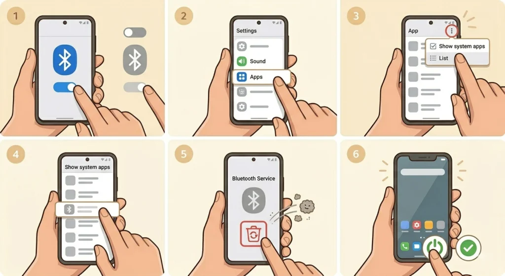 Toggle Bluetooth Off and On, Then Clear Bluetooth Cache (Android)