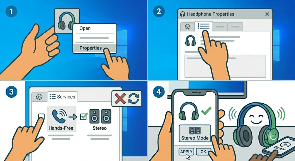 Change the Bluetooth Audio Format to Hands-Free or Stereo