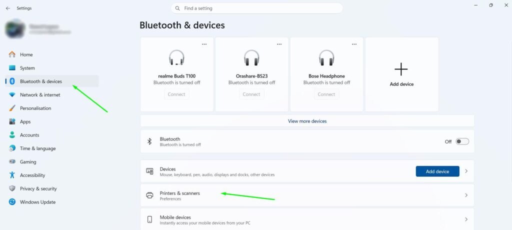 Click Bluetooth & devices in the left sidebar, then click Printers & scanners