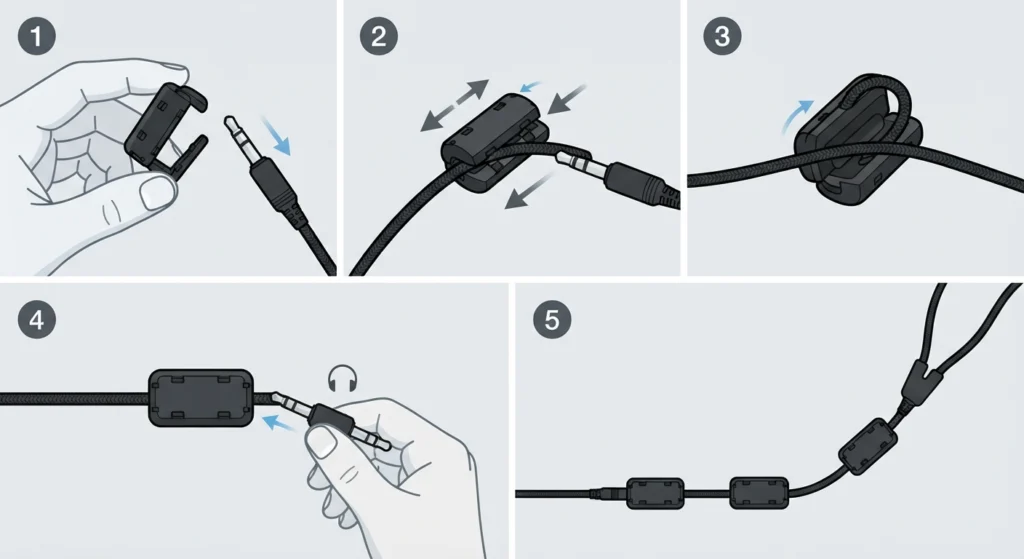 Clip a Ferrite Core Onto the Headphone Cable