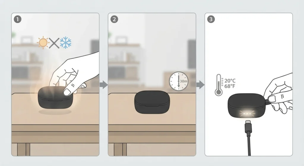 Let the Case and Earbuds Return to Room Temperature