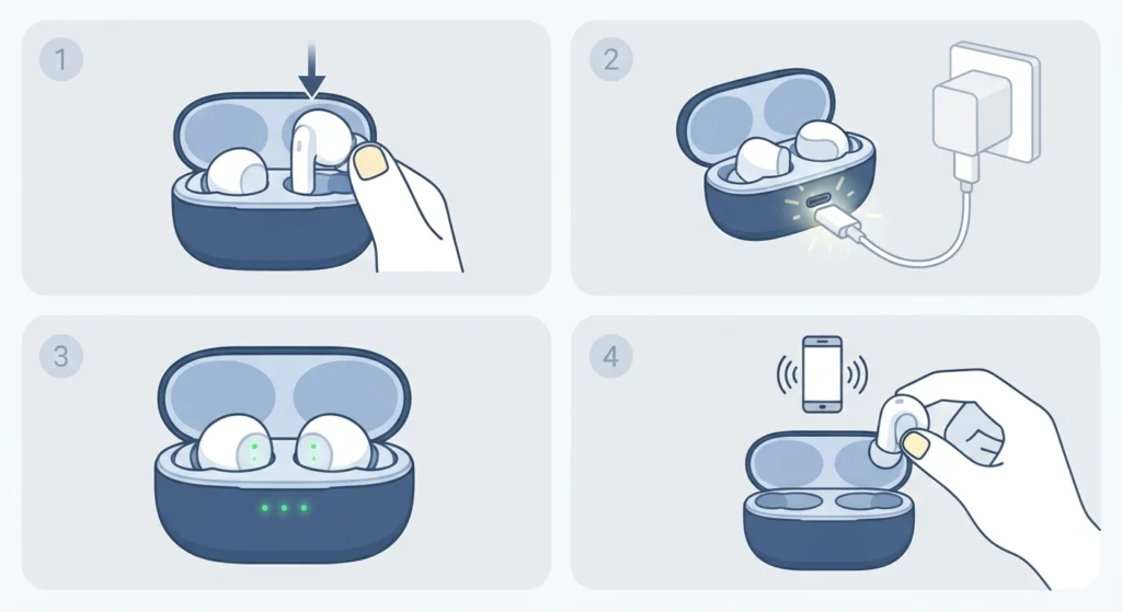 Recharge and Reseat Both Earbuds