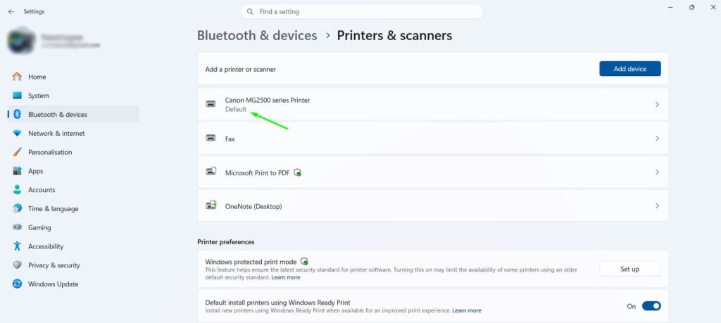Return to the printer list and confirm the word Default now appears under the printer name